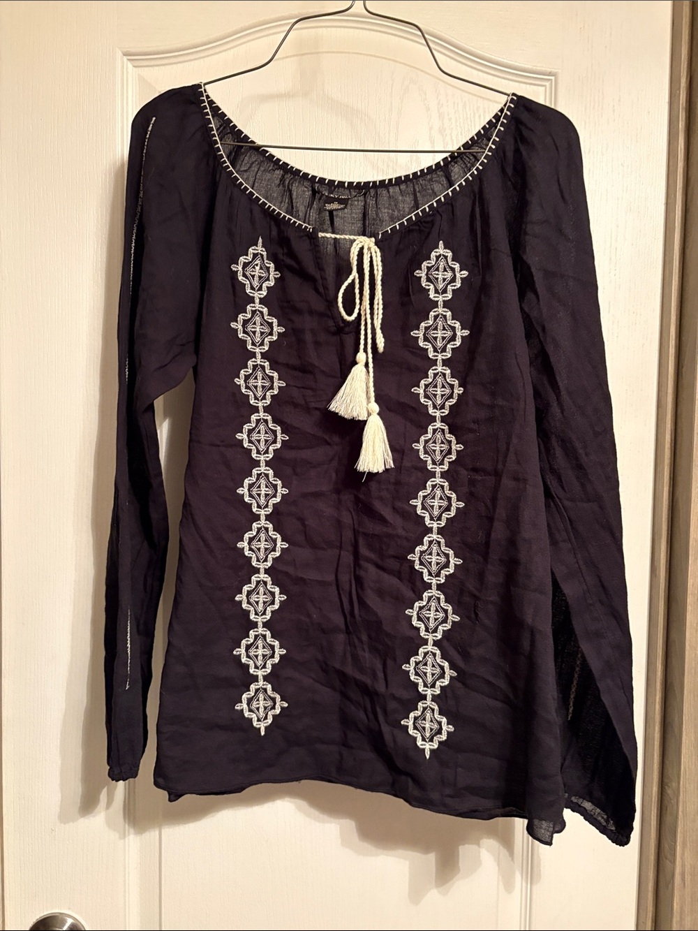 Lucky Brand Black Embroidered Tunic Top with Cream Tassels